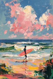 Surfer with pink board on the beach by Niklas Maximilian