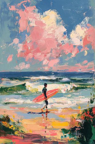 Surfer met roze board op het strand