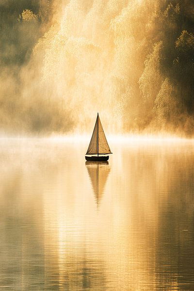 Sailboat at sunrise on water by Art & Soul Creations