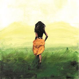 Een meisje in het veld Print van Nora Bland