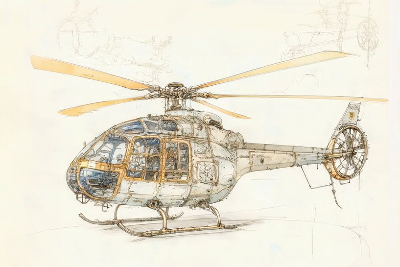 Detaillierte Zeichnung eines Hubschraubers - "Vintage Helicopter" von Peter Pen Zeichnungen und Gemälde