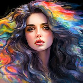 Een jonge en mooie vrouw met lang haar in regenboogkleuren. van Animaflora PicsStock