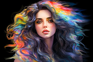 Eine junge und schöne Frau mit langen Haaren in Regenbogenfarben.