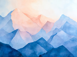 Paysage montagneux abstrait dans des tons bleu pastel et rose – Peinture moderne et minimaliste