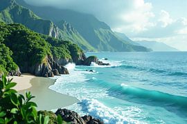 Kuststrand met turquoise golven en groene bergen van Markus Gann