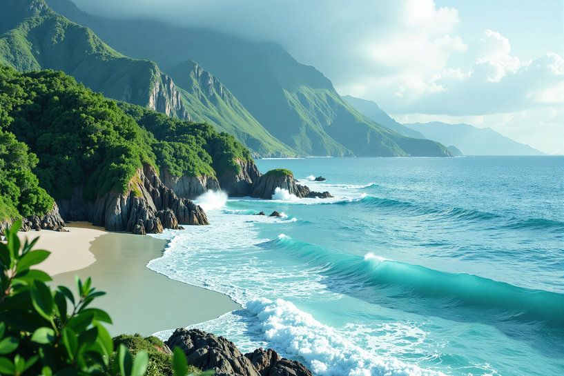 Kuststrand met turquoise golven en groene bergen van Markus Gann