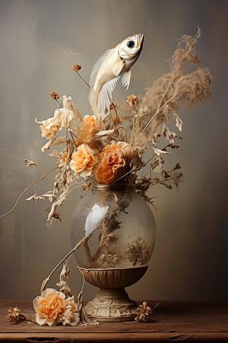 Stilleven bloemen met vis
