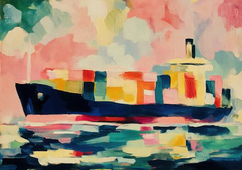 Expressive container ship on a pastel-coloured sea