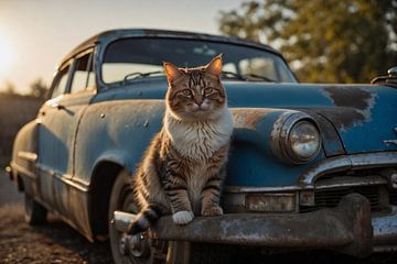 Katze auf blauem Oldtimer im Abendlicht von Jan Bouma