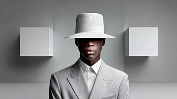 Surreales Mode Porträt in Grau mit verdecktem Gesicht von May