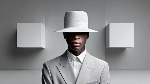 Surreal fashion portrait in grey with concealed face