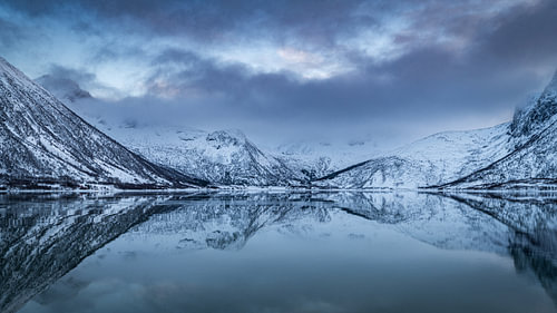 Verschneite Berge und Spiegelungen in Norwegen – Landschaft mit Fjord