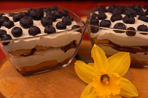 Zelfgemaakte bosbessen laagjes dessert met mascarpone