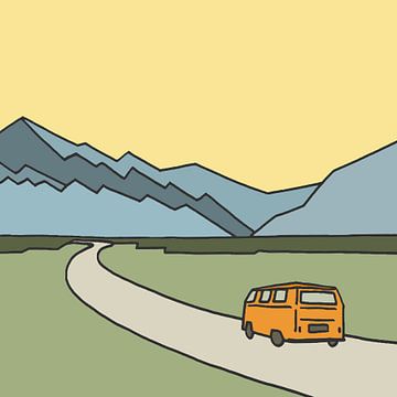 Hippie road trip Mount Cook New Zealand (line drawing line-art VW bus square bucket list abstract by Natalie Bruns