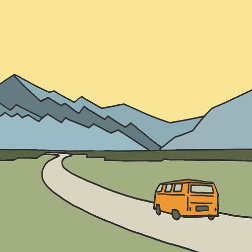 Hippie road trip Mount Cook Nieuw Zeeland (lijntekening line-art VW bus vierkant bucketlist abstract