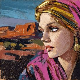 Wadi Rum Gemälde | Porträt einer Frau in Wadi Rum von Abstraktes Gemälde