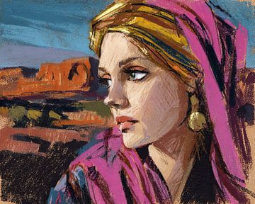 Wadi Rum painting | Portrait d'une femme à Wadi Rum sur Peinture Abstraite