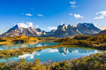 Réflexion sur le Lago Pehoe et les pics Cuernos le matin, Parc national Torres del Paine, Chili sur Dieter Meyrl