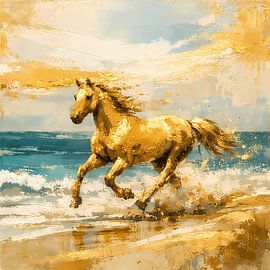 Golden Shore Gallop – Galoppierendes Pferd am goldenen Ozean