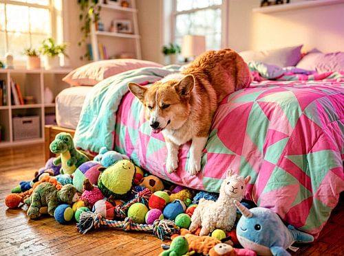 Een corgi glijdt slaperig van het bed