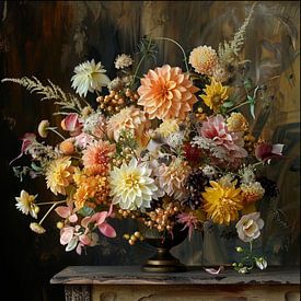 Chic bunch of flowers on an antique table by C Dekker