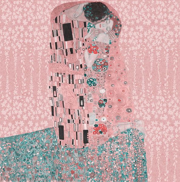 Inspiriert durch den Kuss von Gustav Klimt, in Rosa mit Blumenmuster von Dina Dankers