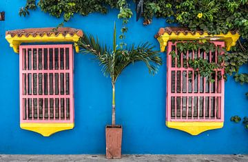 Blauwe gevel van een oud koloniaal huis in Cartagena, Colombia van WorldWidePhotoWeb