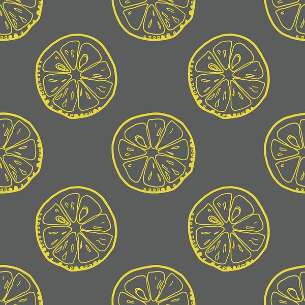 Yellow lemons on grey. Retro style illustration by Dina Dankers