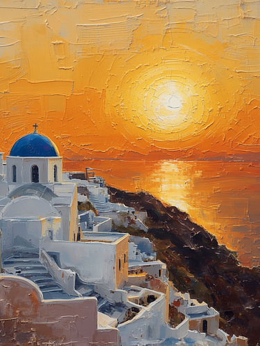 Ölgemälde „Sonnenuntergang auf Santorin“