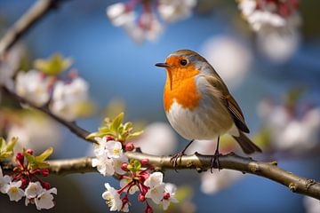 Robin on a flowering branch in spring by Animaflora PicsStock