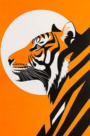 Tiger profile in front of an orange sun - Minimalist by Poster Art Shop
