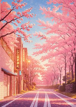 Kersenbloesemstraat - Anime esthetische lente scène van Ruzerin
