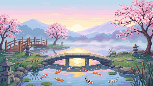 Un bassin à koïs au coucher du soleil : un jardin japonais serein en pixel art