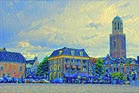 Schilderij Zwolle Rodetorenplein met Peperbus in stijl Van Gogh