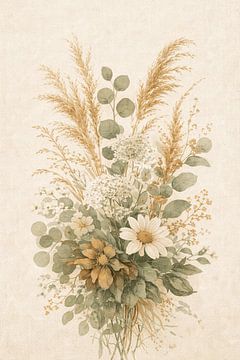 Neutraler Wildblumenstrauß-Wandbehang – Beige- & -Salbeigrün Botanischer Blumendruck – Skandinavische Wohnkultur von Naks Cil