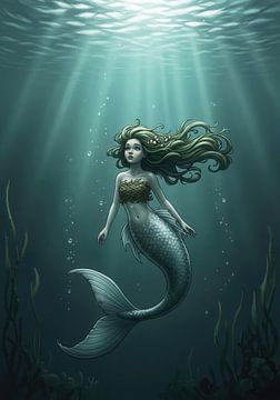 Meerjungfrau schwimmt in türkisfarbenem Wasser mit Sonnenlicht von Markus Gann