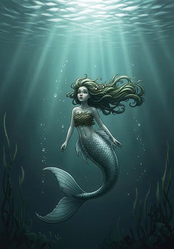 Zeemeermin zwemmend in groenblauw water met zonlicht