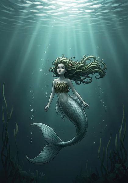 Sirène nageant dans l'eau sarcelle avec la lumière du soleil par Markus Gann