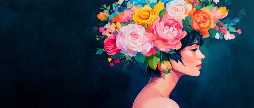 Frau mit Blumenkrone in lebhaften Farben von Poster Art Shop