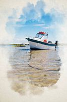 Waterverf van een boot op het strand