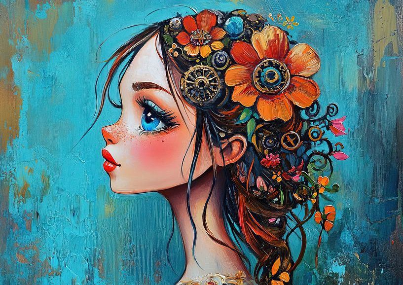 Fille avec des fleurs | Fille joyeuse avec des fleurs dans les cheveux par Peintures accrocheuses