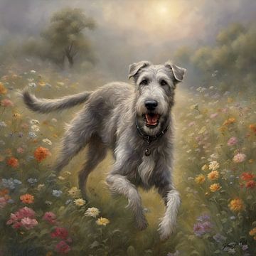 Irish Wolfhound jouant dans un Flowerfield 2 sur Johanna's Art