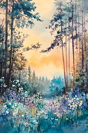 Blühende Waldlichtung im Morgenlicht von Poster Art Shop