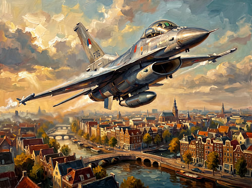 F-16 Falcon über dem goldenen Amsterdam von Jan Keteleer