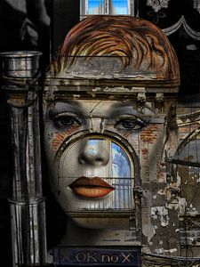 Red lips behind the old window