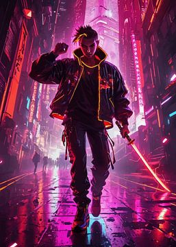 Mannelijke Cyberpunk Krijger met Neon Zwaard en Cyberpunk Stadslandschap van MIROKKU