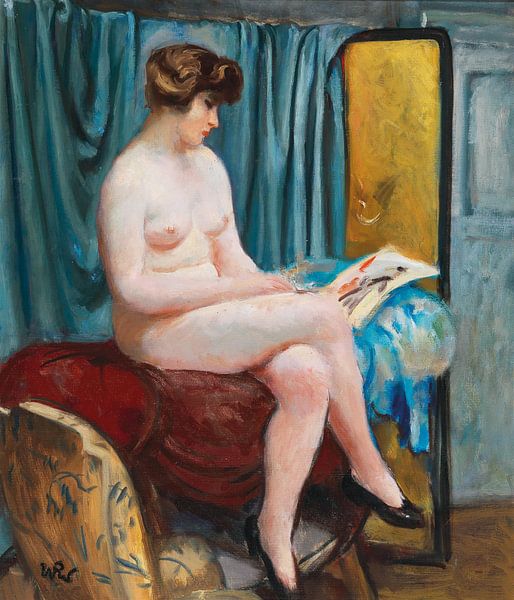 Wojciech Weiss, Female nude reading by a blue curtain by Atelier Liesjes