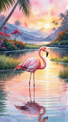 Serenade at Sunset: Flamingo in Tropical Waters