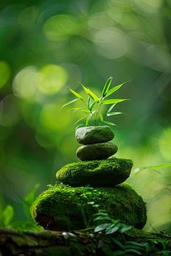 Zen balans - steen op mos met bamboe van Poster Art Shop