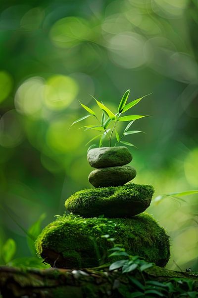 Zen-Balance - Pierre sur mousse avec bambou par Poster Art Shop